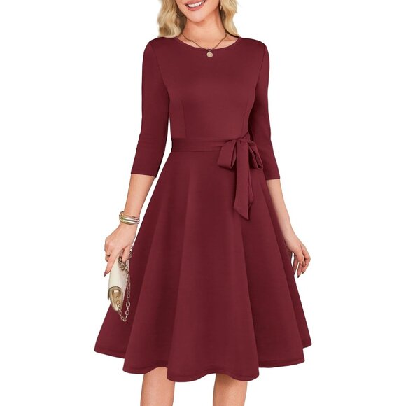 Women's Burgundy 3/4 Sleeve Vintage Flattering A-line Vintage Cocktail Dresses - Picture 1 of 5